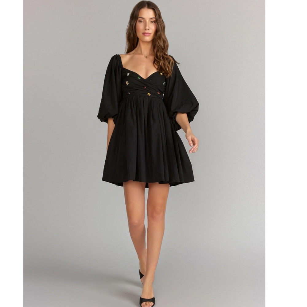 NWT New York & Co. black bubble hem babydoll Dress embellished mini rhinestone L